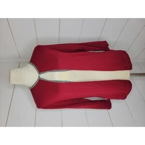Vintage 90s Harold's red silk blend cardigan sweater. Black & white detail